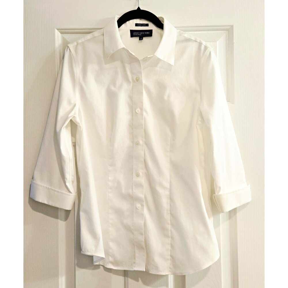 Jones New York White Button Up Shirt Medium M 3/4 Cuff Sleeve Easy Care Cotton